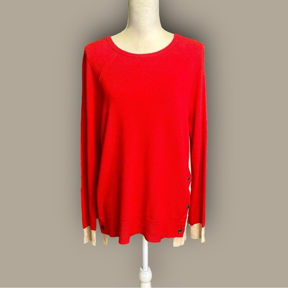 J. Crew Factory Red & Tan Colorblock Side Button Sweater with Elbow Patches Sz M - Picture 2 of 12